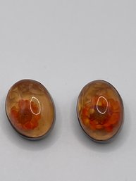 Sterling Clip On Orange Glass Earrings With Flowers Inside   14.22g