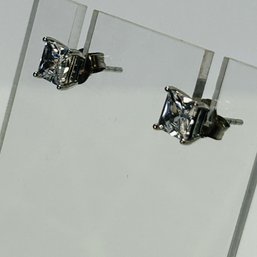 Engraved China  N, CZ Sterling Silver Square Stone Earring. 1.08 G.