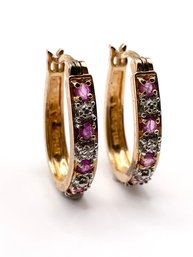 Gold Over Sterling Clear And Pink Colored Rhinestone Hoop Earrings 4.5g