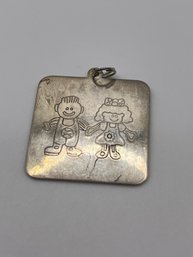 Sterling Square Pendant With Boy-girl Design  9.86g