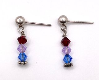 Sterling Dangle Earrings With Ruby Pink And Blue Rhinestones No Backs 1g