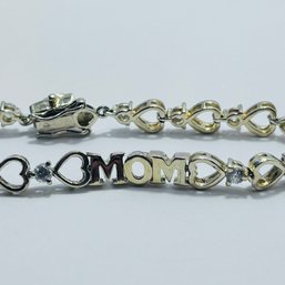 SU Sterling Silver Gold Colored Bracelet With Mom  Hearts And Clear Colored Stones. 13.38g.