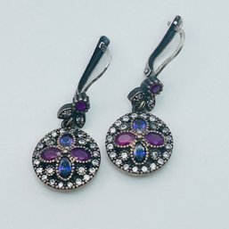 Sterling, Silver Ruby And Gemstone Dangle Earrings 7.49 G