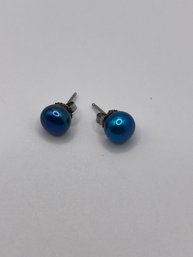Sterling Stud Earrings With Dark Blue Pearl Bead   2.22g
