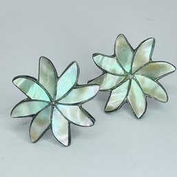 Sterling Silver Abalone Screwback Flower Design Earrings 4.52 G Unknown Mark