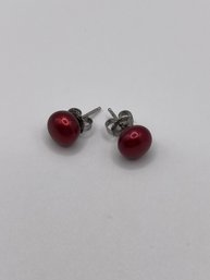 Sterling Stud Earrings With Red Bead  2.22g