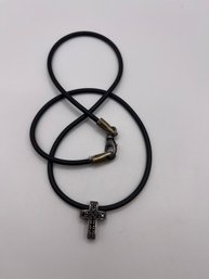 Leather Cord Necklace With Sterling Cross  16.87g