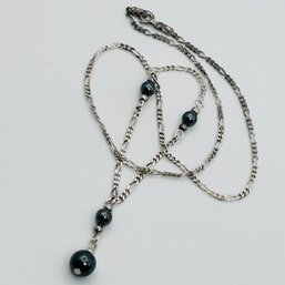 Obsidian Sterling Silver Figaro Chain Necklace 4.2 G