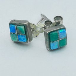 Sterling Silver Square Set Turquoise And Abalone Stud Back Earrings 1.4 G