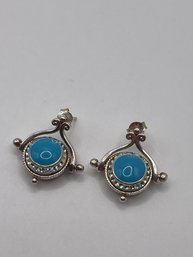 Sterling Earrings With Teal And Clear Stones  11.70g