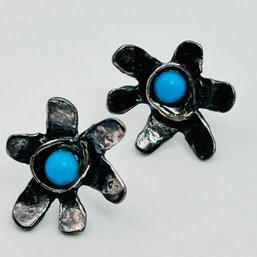 Turquoise Sterling Silver Handmade Flower, Pushback Earrings 2.76 G