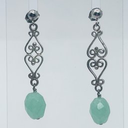 Sterling Silver JADEITE Dingle Earrings Heart Swirl Detail 3.65 G