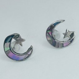 Sterling, Silver Abalone Moon And Star Earrings .69 G