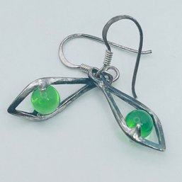 Sterling Silver Dangle Earrings With Green Stone, 2.13 G