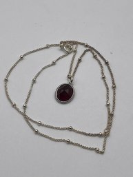 Sterling Ball Chain With Red Stone Pendant   2.32g   16' Long