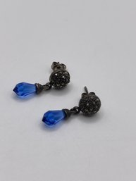 Sterling Drop Earrings With Blue Beads  3.29g