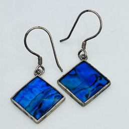 Vibrant, Blue Abalone Sterling Silver Square Dangle Earrings 3.09 G