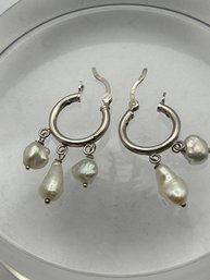 Sterling SilverSterling Silver Hoop Earrings With White Dangle Stones 2.9 G