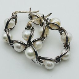 Sterling Silver Hoop, 6 Pearl Hinged Earring 7.34 G