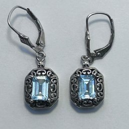 NV Sterling Silver Dangle, Leather Back Earring With Clear Blue Stone And Unique Design. 5.17 G.