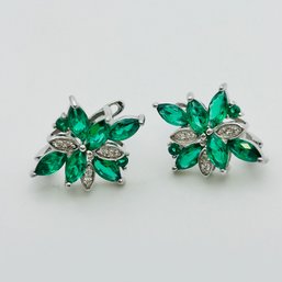 Sterling Silver, Gorgeous Green Stone Earrings, 4.37 G Hinge Clip Back