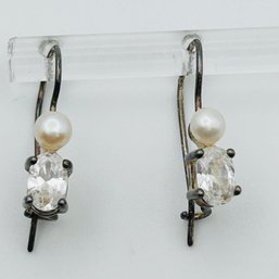 Rhinestone And Pearl Sterling Silver Hook Backs 1.76 G