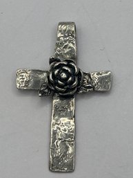 RL Israel Sterling Silver Hammered Cross Pendant With Rose Center 4.06 G