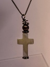Italy, Sterling Silver Box Chain Necklace With White Stone Cross 3.51 G
