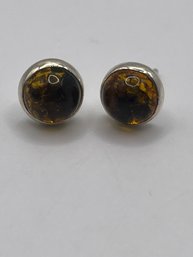 Round Sterling Stud Earrings With Amber Colored Stone 1.22g