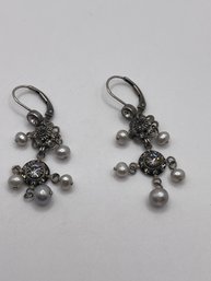 Ornate Sterling Dangle Earrings With Clear Stones And Beads 4.10g