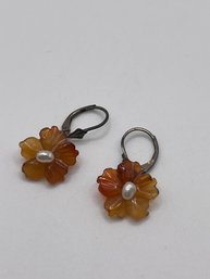 Sterling Earrings With Orange Flower And Pearl Center 2.58g
