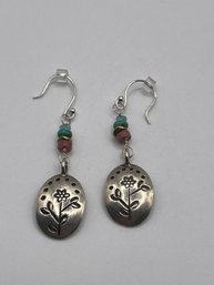 Sterling Dangle Earrings With Flower Imprint And Colored Beads 5.18g