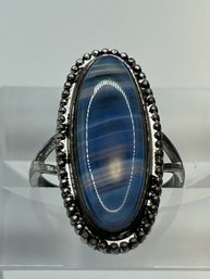 Sterling Silver Cocktail Ring, Oval Bluestone Beaded Surround Size, 4.38 G