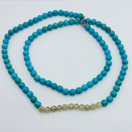 Lovely Turquoise Beaded Necklace 65.31 G With Silver Clasp And Yellow Stone Beads