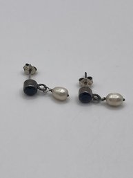 Sterling Stud Earrings With Purple Stone And Pearl 2.07g