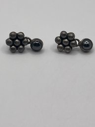 Sterling Ball Flower Stud Earrings With Black Pearl 4.89g