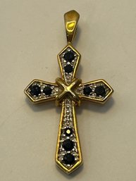 China Sterling Silver Gold Colored Cross With Blue And Clear Stones 2.85 G