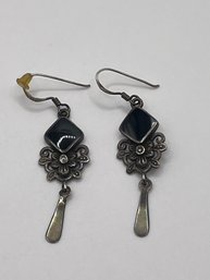 Antique Sterling Dangle Earrings With Onyx Inlay 4.77g