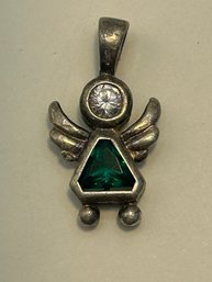 Sterling Silver Pendant, Angel Design With Emerald Colored And Clear Stone, 1.55 G