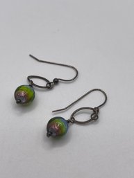 Iridescent Glass Bead Hook Earrings With Sterling 2.34g