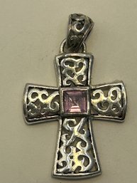 Sterling Silver Filigree Cross Pendant With Purple Stone, 3.94 G