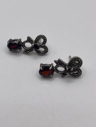 Sterling Knot Stud Earrings With Marcasite And Red Stone 4.14g