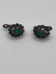 Antique Sterling Earrings With Green Stone And Marcasite 2.24g
