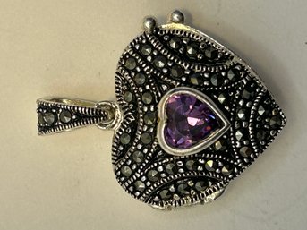 SSterling Silver Heart Locket With Purple Heart Stone 7.02 G