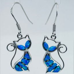 CI Sterling Silver, Cat With Blue Stone Dangle Earrings 7 G