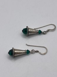 Sterling Cylinder Earrings With Green Cut Stones 3.64g