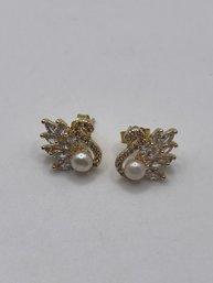 Gold Toned Sterling Swan Earrings With Rhinestone And Pearls 2.32g