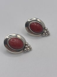 Sterling Oval Earrings With Red Stone Center 6.38g