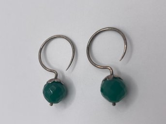 Sterling Loop Earrings With Green Beads 7.13g
