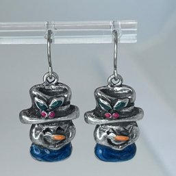 Sterling Silver Dangle Hook Back Snowman Earrings. 6.31 G.